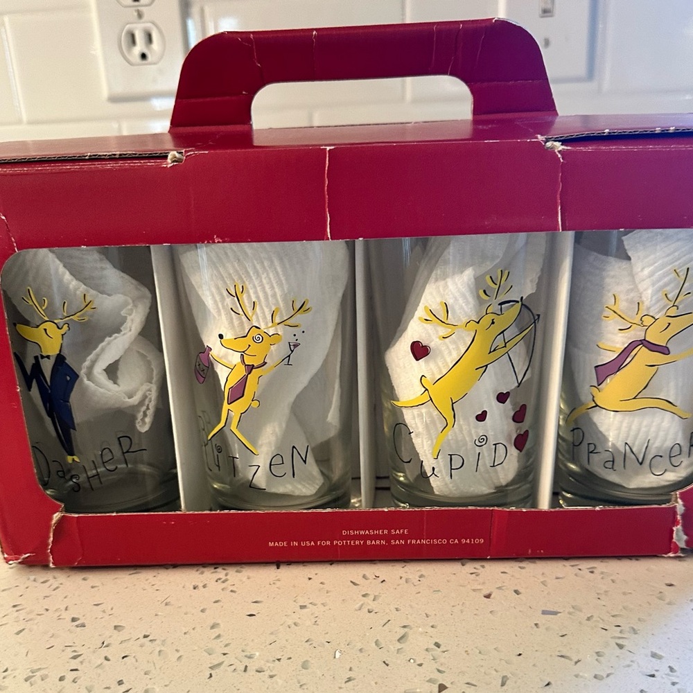 Christmas Retired Pottery Barn Reindeer Juice Glass Set Collectible